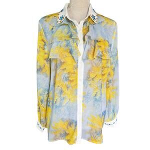 UVM Blouse Button Down Semi Sheer L Crystals Boho Retro